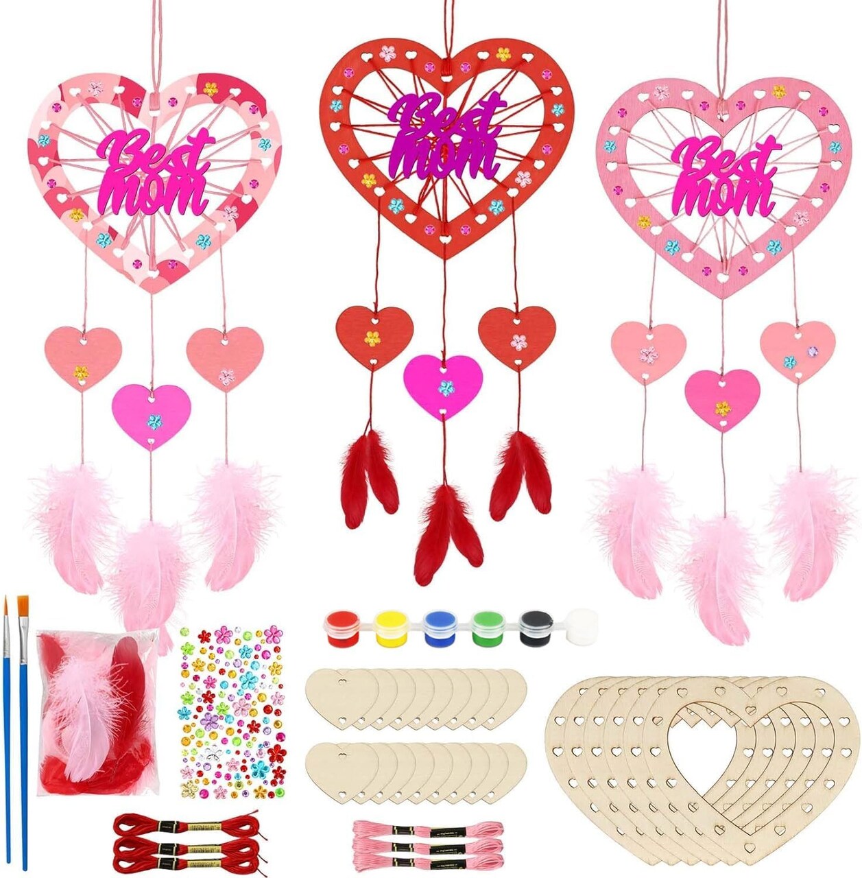 6 Pack MOM Dream Catcher Craft Kit for Kids Paint You Own Mother's Day Dream Catcher DIY Coloring Wooden Art and Craft for Art Activity Project Mom's Birthday Decoration Mum Gifts